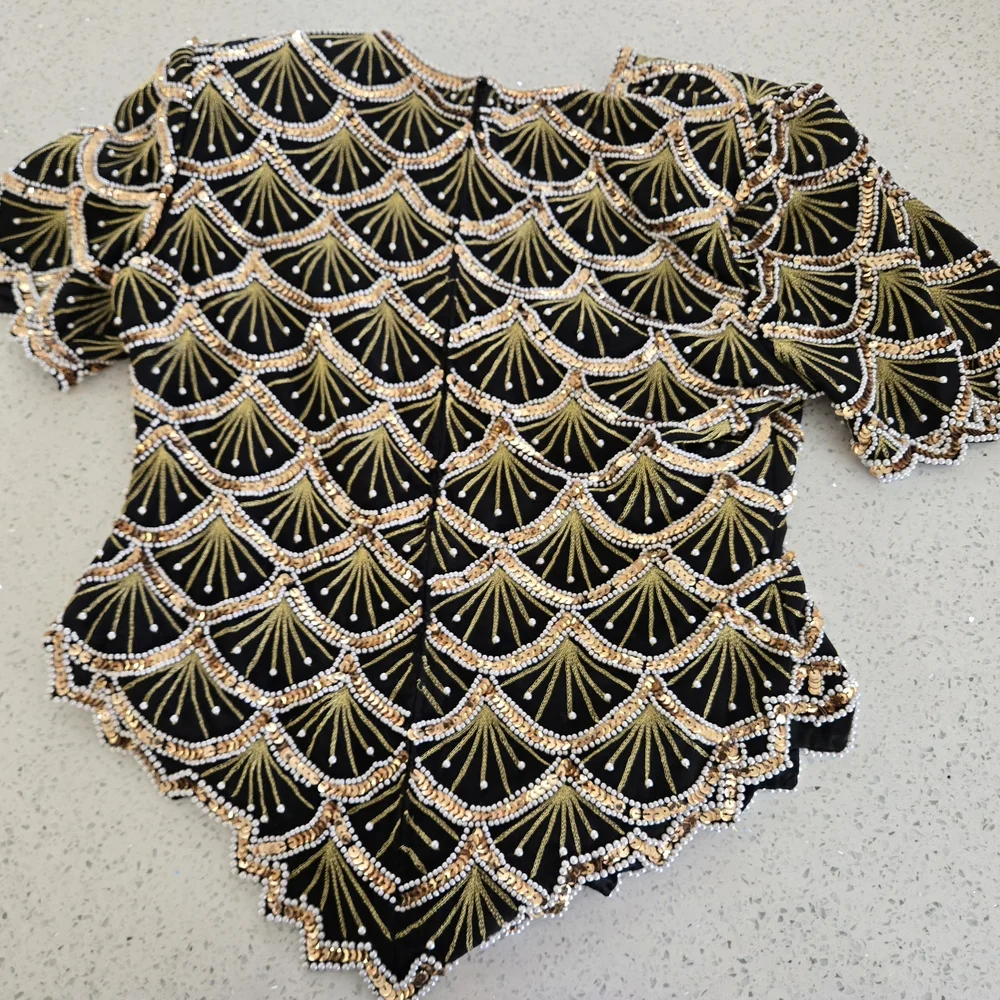 Laurence Kazar Black Top with Gold and White Beading - Picture 5 of 5